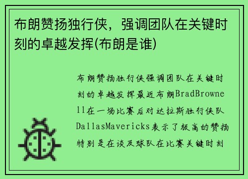 布朗赞扬独行侠，强调团队在关键时刻的卓越发挥(布朗是谁)