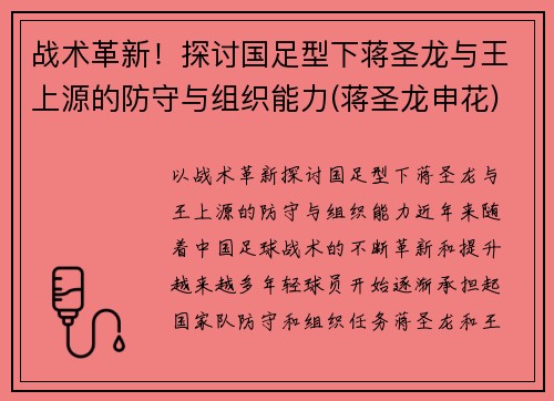 战术革新！探讨国足型下蒋圣龙与王上源的防守与组织能力(蒋圣龙申花)