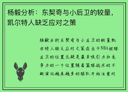 杨毅分析：东契奇与小后卫的较量，凯尔特人缺乏应对之策